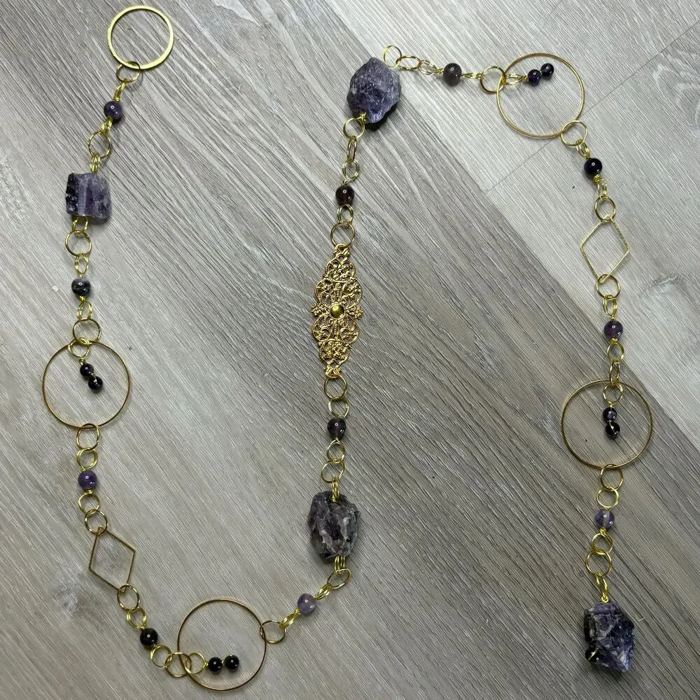 Raw Amethyst and Amethyst Bead Gemstone Wall Hanging Gold Filigree
